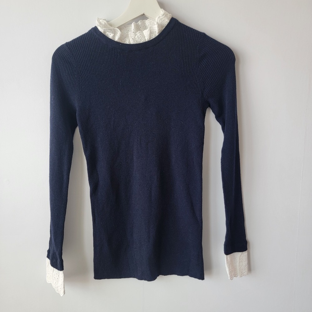 Tuckernuck women's Blue Lace Collar Ribbed Rosemary Eyelet Sweater size XS
